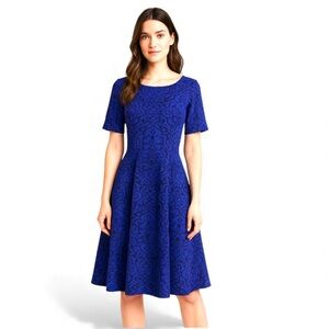 Lands’ End Blue Black Velvet Brocade Fit & Flare Dress M/P 10-12